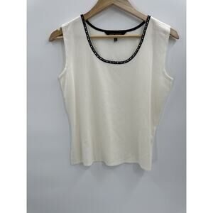 MING WANG Creamy White Tank Top Size Small Knit Black Collar Polka Dots Ivory